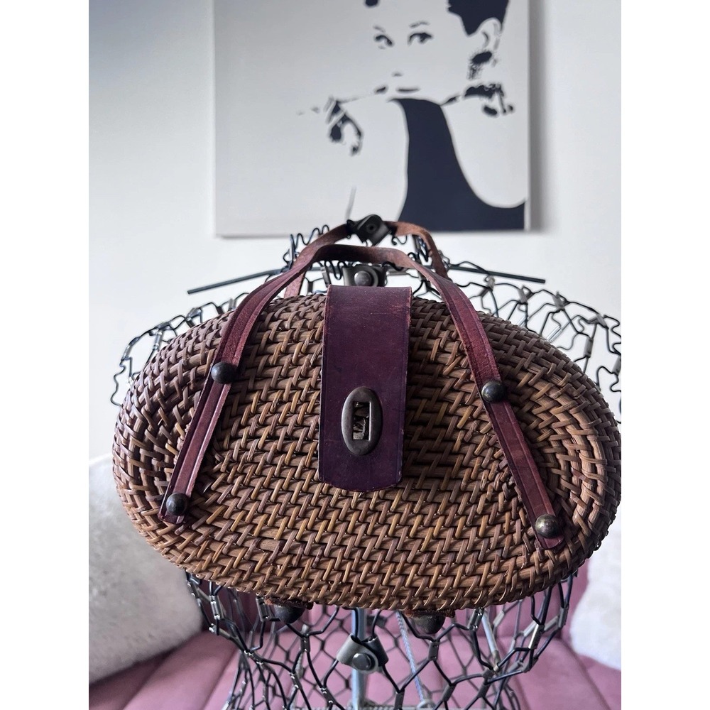 Vintage Skalny Wicker Handbag Brown Straw Leather Trim Oval Purse Hong Kong